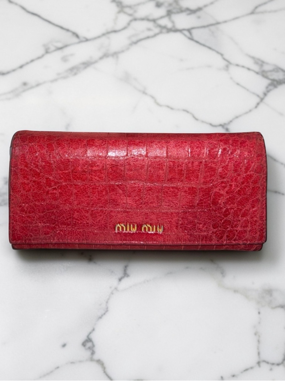 Miu Miu Red Cocco Lux Crocodile Embossed Leather Continental Flap Wallet - Picture 3 of 10
